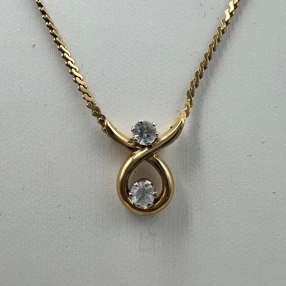 Vintage D'Orlan Gold Plated Crystal Figure 8 Pendant Choker Necklace 15.5"